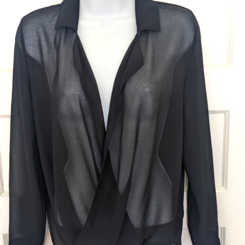 BABATON BLACK FAUX-WRAP LONG SLEEVE GAUZY BLOUSE SIZE XXS